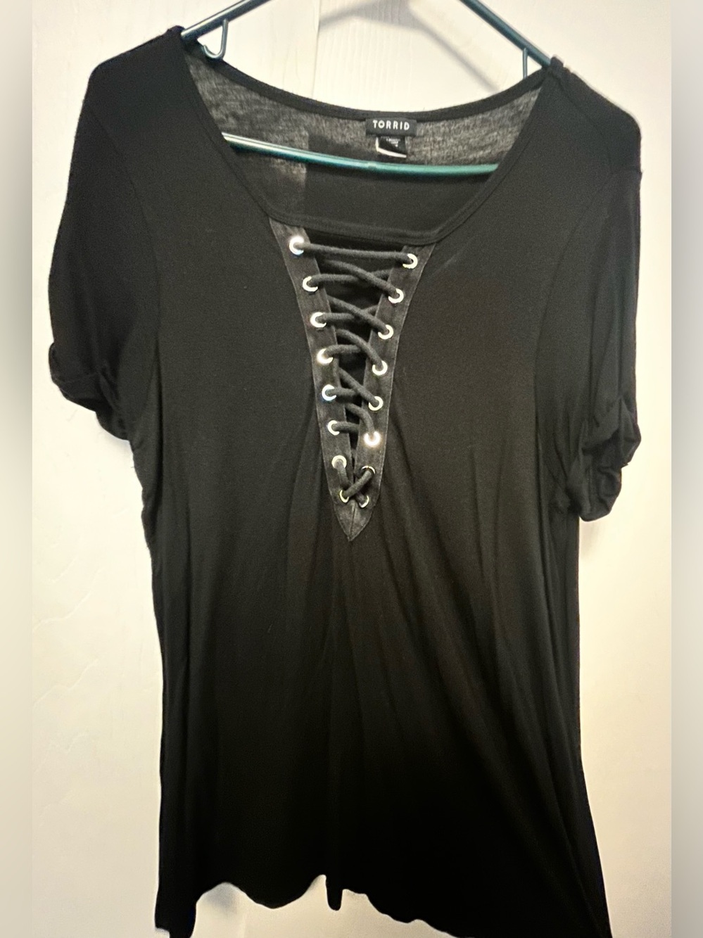 torrid Black Lace-Up V-Neck Short Sleeve Top